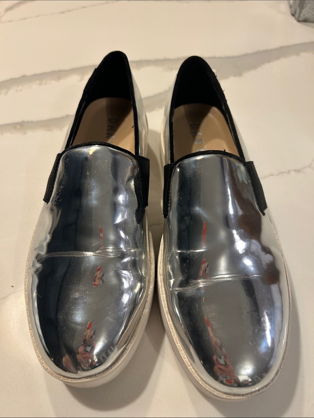 DKNY Metallic Silver Slip-On Loafers